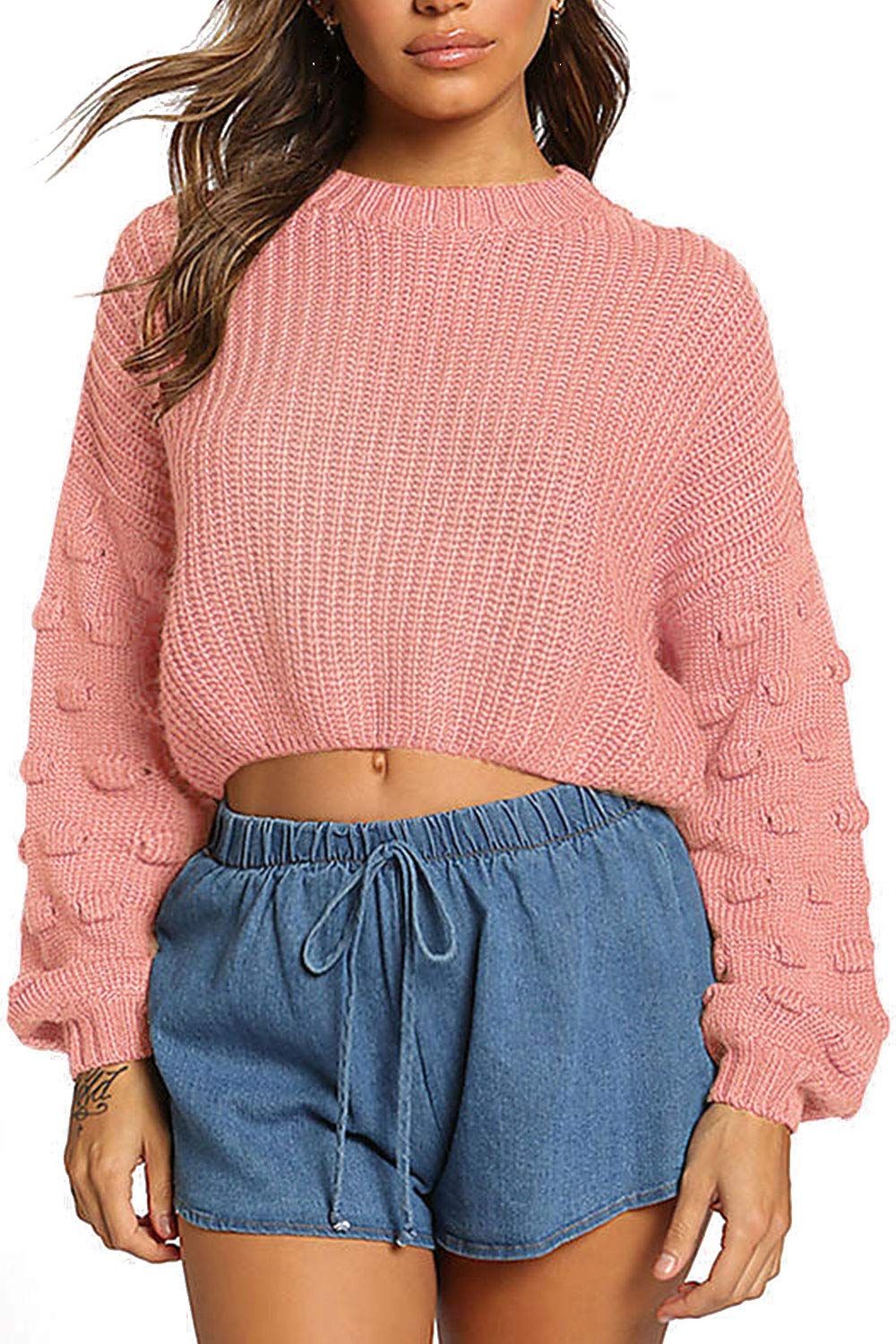 Women Cropped Sweaters Crewneck Long Sleeve Knitted Tops | Amazon (US)