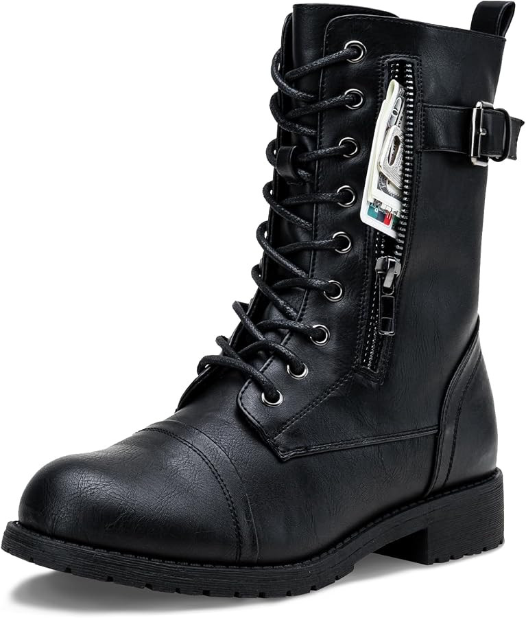 Vepose 929CA Women's Combat Boots Mid Calf, Laces Boots Low Heel with Wallet Pocket & Side Zipper | Amazon (CA)