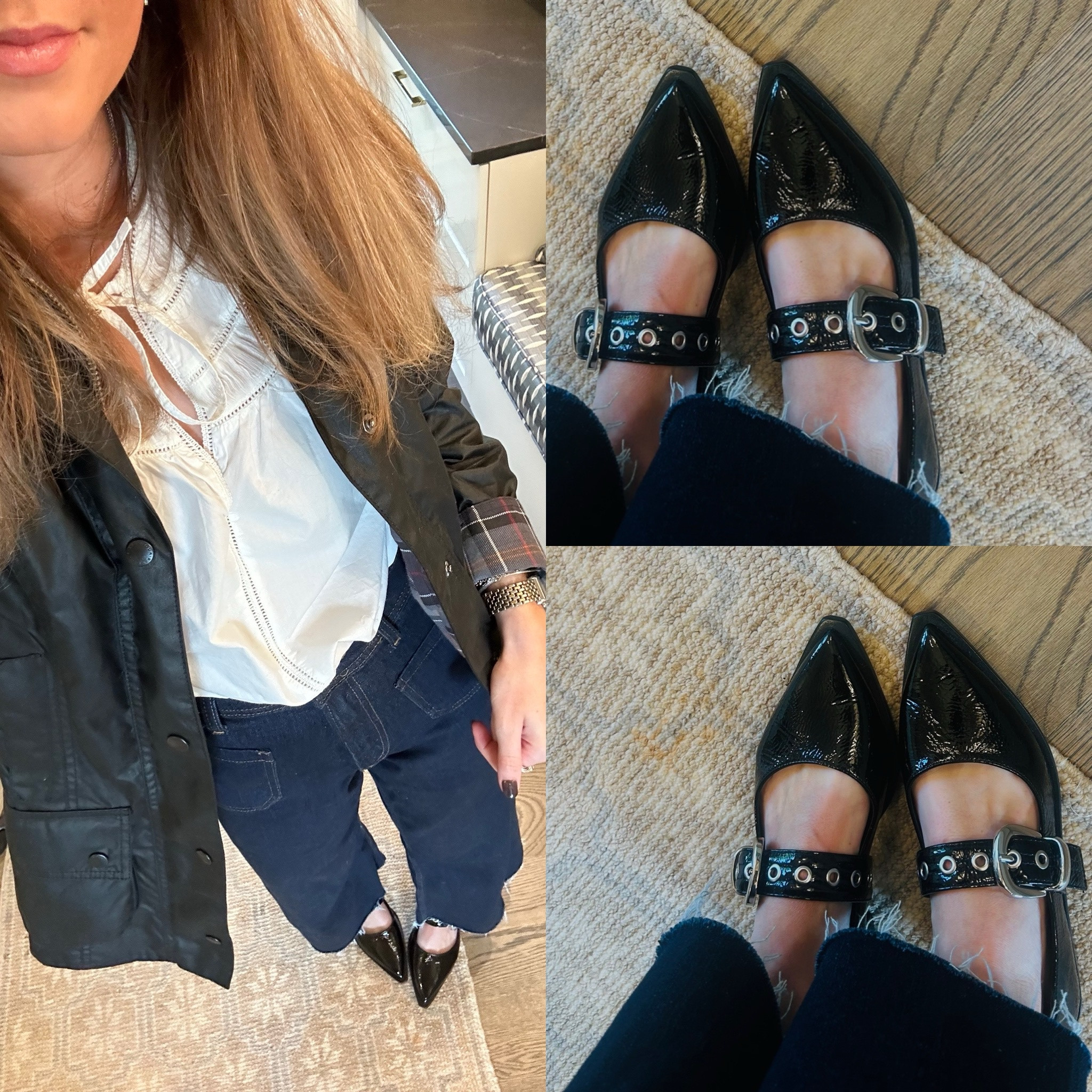 Lunch ootd !! 
Jacket is Barbour - exact 
Top is Ulla Johnson - exact 
Jeans are from Zara (tagged similar from Revolve) 
Shoes are from Anthropologie - exact 

#LTKSeasonal #LTKStyleTip #LTKHoliday