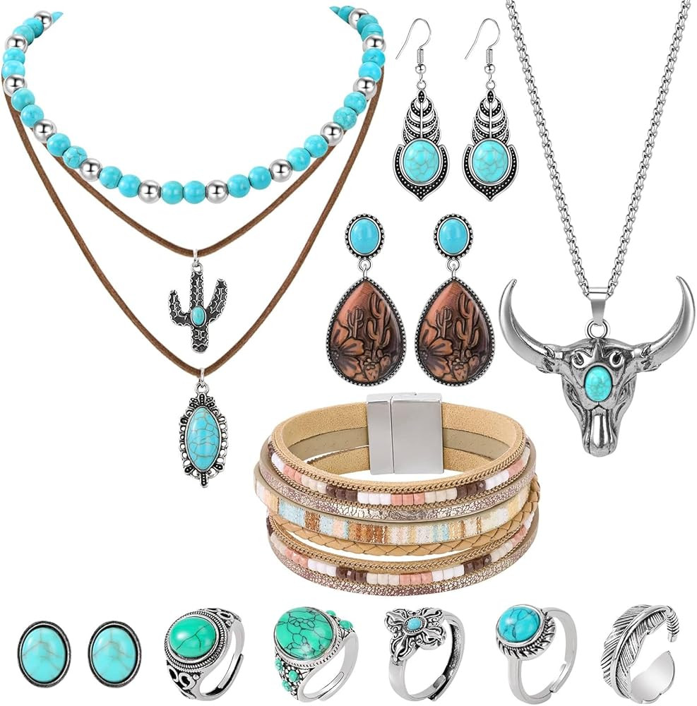 Western Jewelry for Women - Boho Turquoise Jewelry Set with Turquoise Necklace, Earrings, Bracele... | Amazon (US)