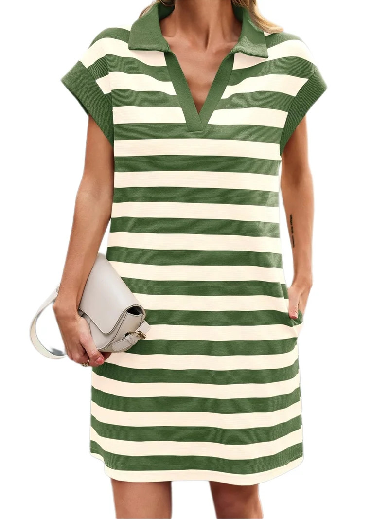 Cap Sleeve Women Stripe Print V Neck Mini Polo Dress with Pocket | Walmart (US)