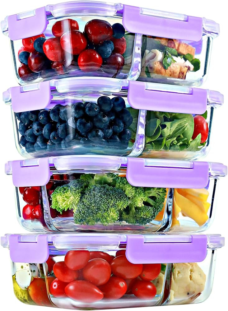 2 & 3 Compartment Glass Meal Prep Containers (4 Pack, 32 oz) - Glass Food Storage Containers with... | Amazon (US)