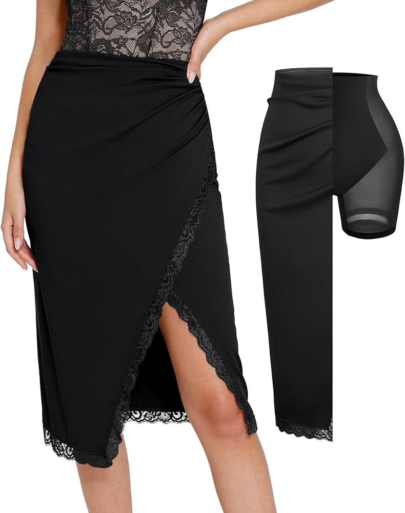 Popilush Midi Skirts for Women Lace Shapewear Split Satin High Waisted Bodycon Long Skirt Built-i... | Amazon (US)