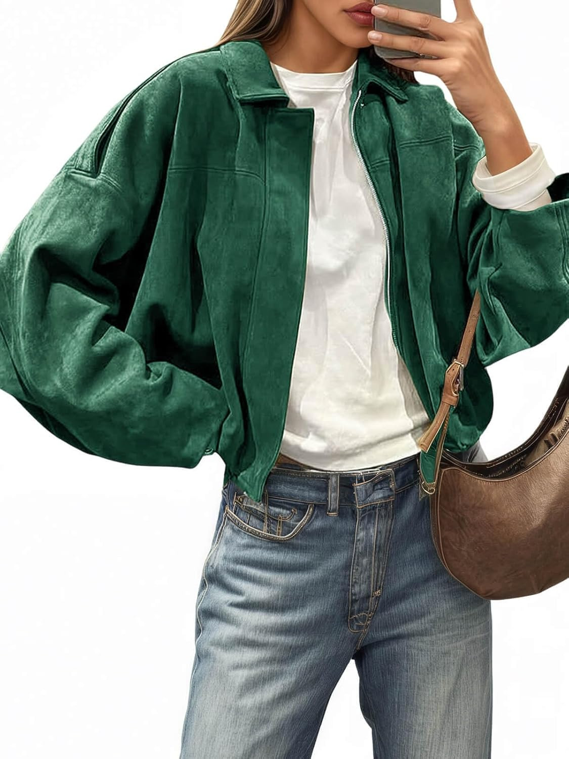 Cicy Bell Womens Faux Suede Bomber Jackets Oversized Cropped Zip Up Coats | Amazon (US)