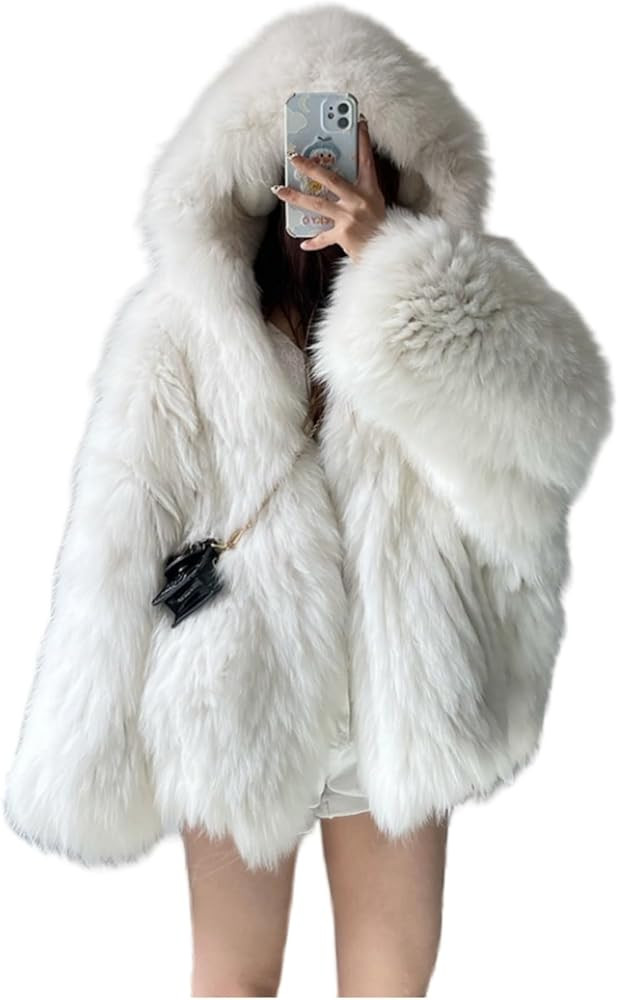 Women's Fashion Short White Faux Fur Coat With Hat Soft Overcoat Fluffy Fur Jacket Outwear Sweate... | Amazon (US)