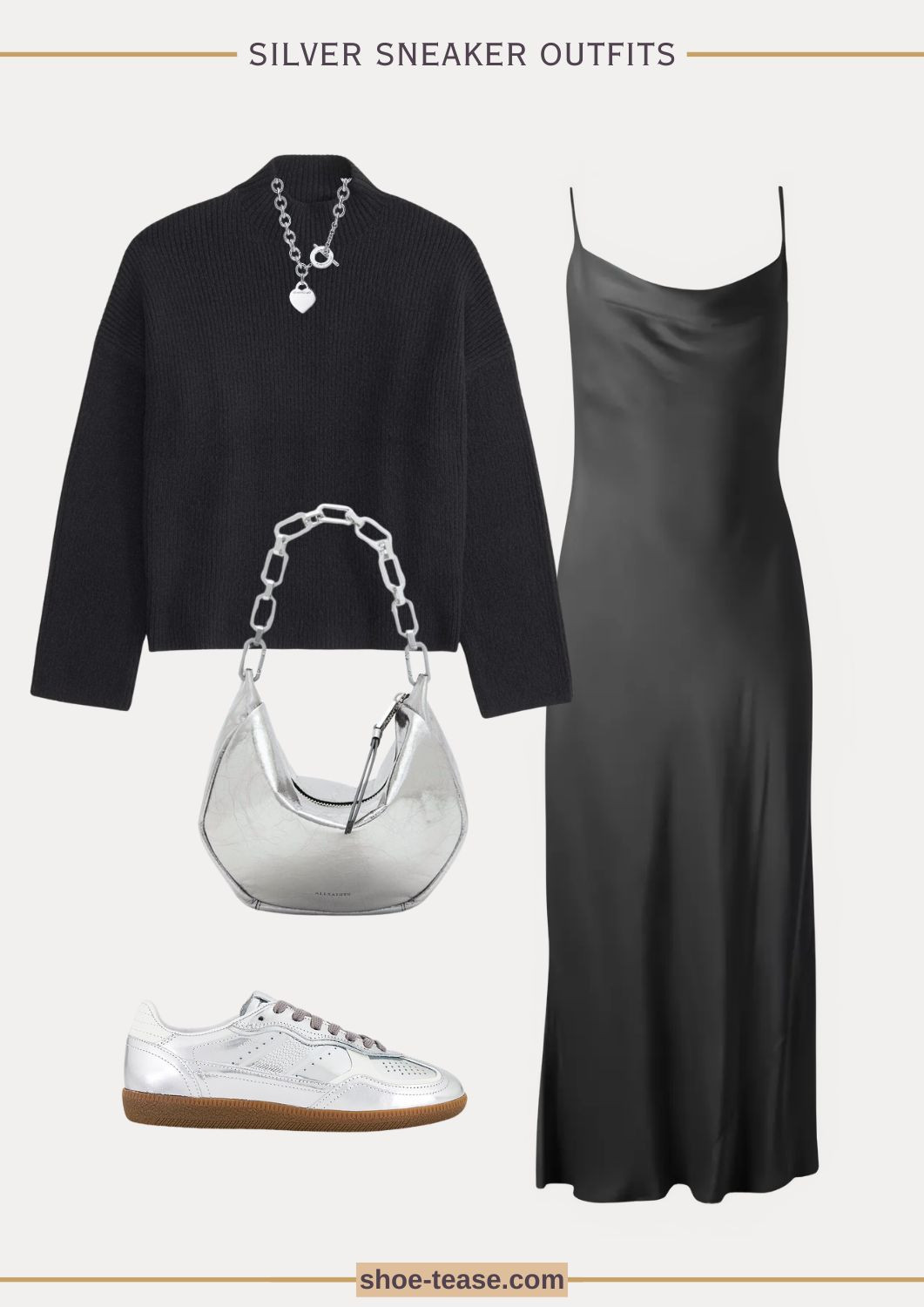 Fall outfit with silver sneakers, black satin slip dress, and black sweater  

#LTKOver40 #LTKSeasonal