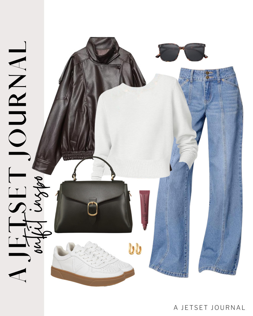 Start by pairing this white cropped sweatshirt with wide-leg jeans and white sneakers. Then, adding a black oversized leather jacket, a black bag, and sunnies will complete the look. 

 #LTKSeasonal #LTKSaleAlert #LTKTravel