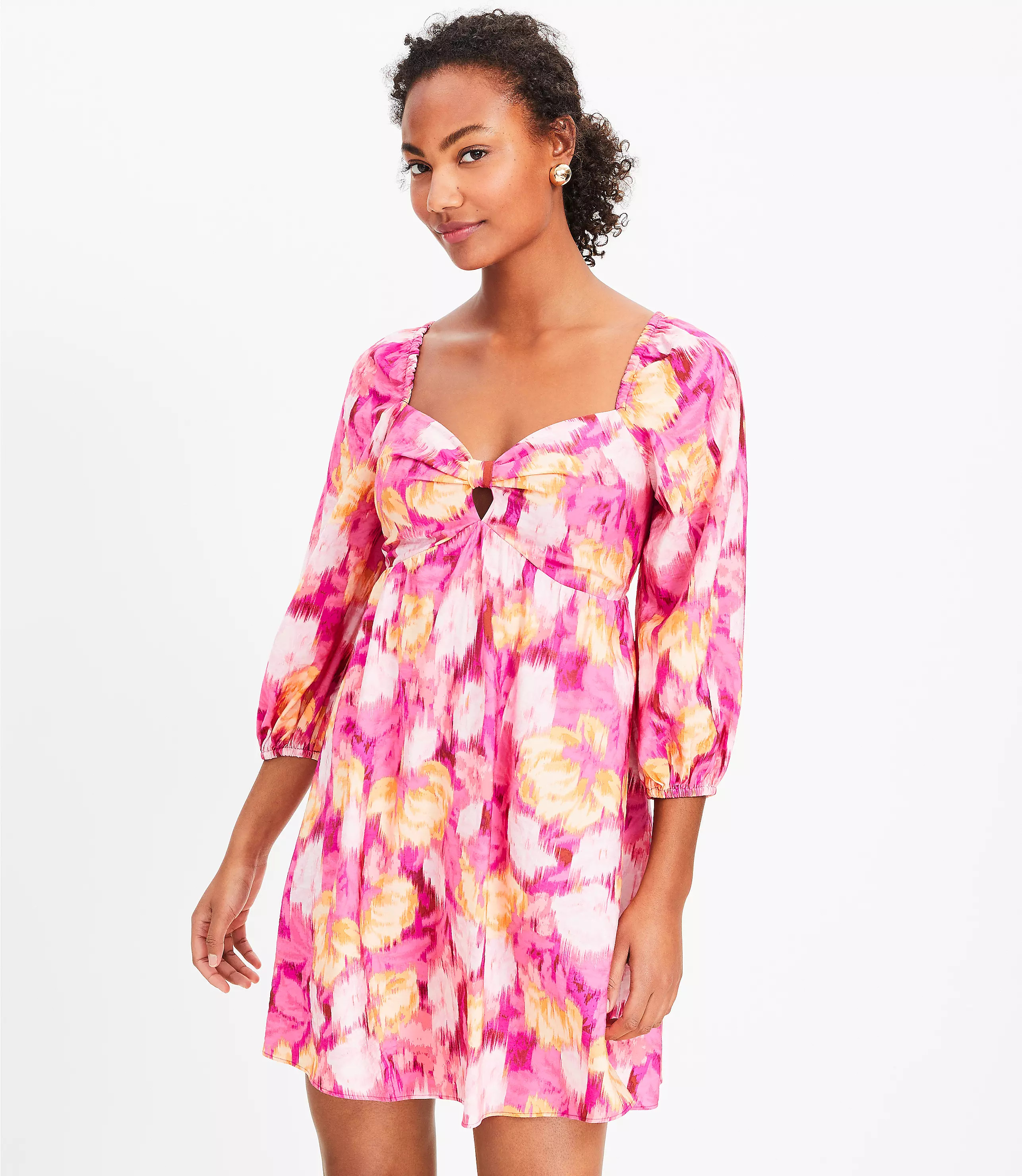 Floral Ikat Knotted Long Sleeve Swing Dress | LOFT