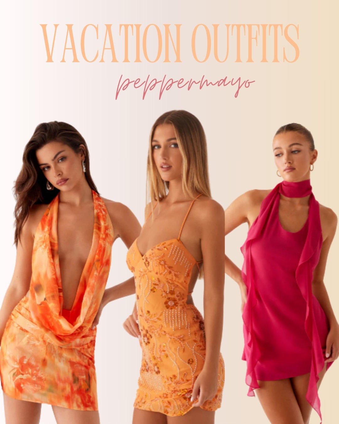 These vacation-ready mini dresses from Peppermayo are perfect for a summer getaway. The first look features a bold orange cowl neck halter dress with a fiery print that turns heads. The second is a sparkly embellished orange bodycon dress with floral detailing, while the third is a chic hot pink mini dress with a flowy scarf neckline—ideal for a night out on vacation.

vacation outfit, summer dress, resort wear, mini dress, beach vacation looks.

#LTKSeasonal #LTKTravel