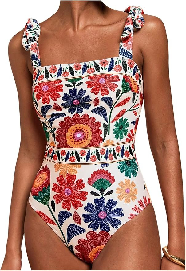 Floerns Women's One Piece Swimsuit Floral Bow Tie Shoulder Tummy Control Bathing Suit | Amazon (US)