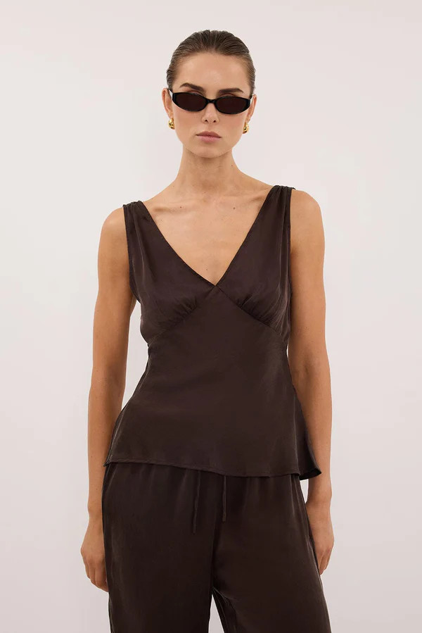JORJA BITTER CHOC SLEEVELESS SILK TOP | DISSH