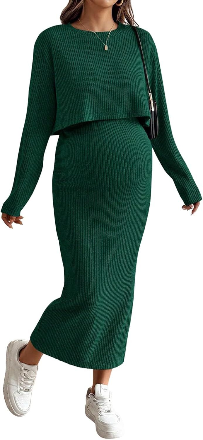 BLENCOT Maternity 2 Piece Outfits Ribbed Knit Crop Top Midi Skirt Set | Amazon (US)