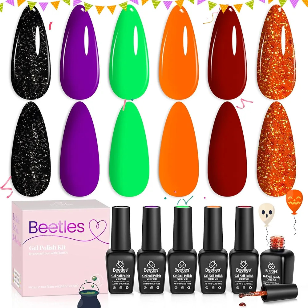 Beetles Halloween Gel Nail Polish Set Fall Colors Orange Green Purple Black Red Glitter Gel Polis... | Amazon (US)