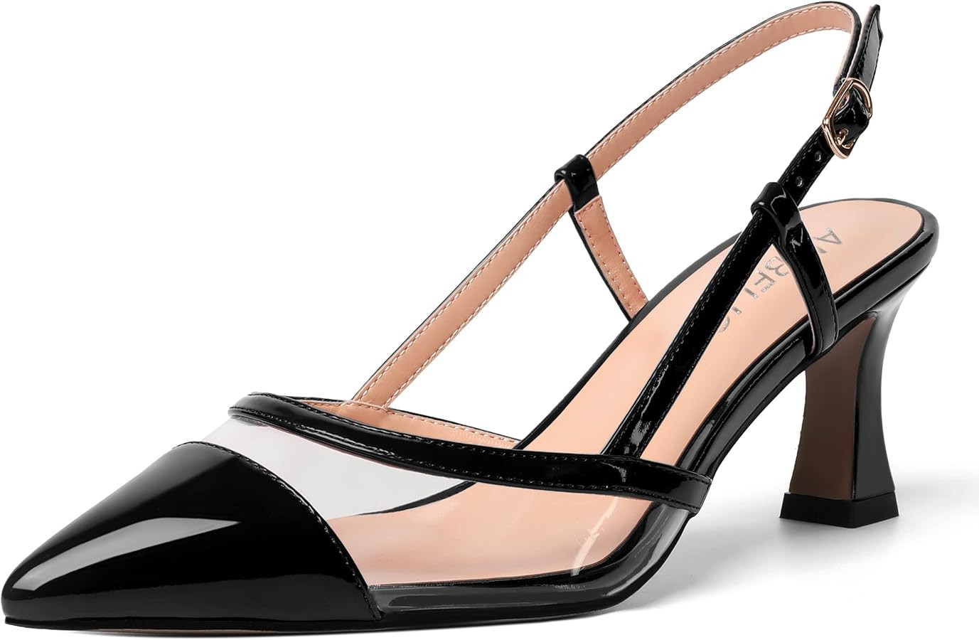 Womens Patent Pointed Toe Cute Dating Slingback Clear Buckle Kitten Mid Heel Pumps Shoes 2.5 Inch | Amazon (US)