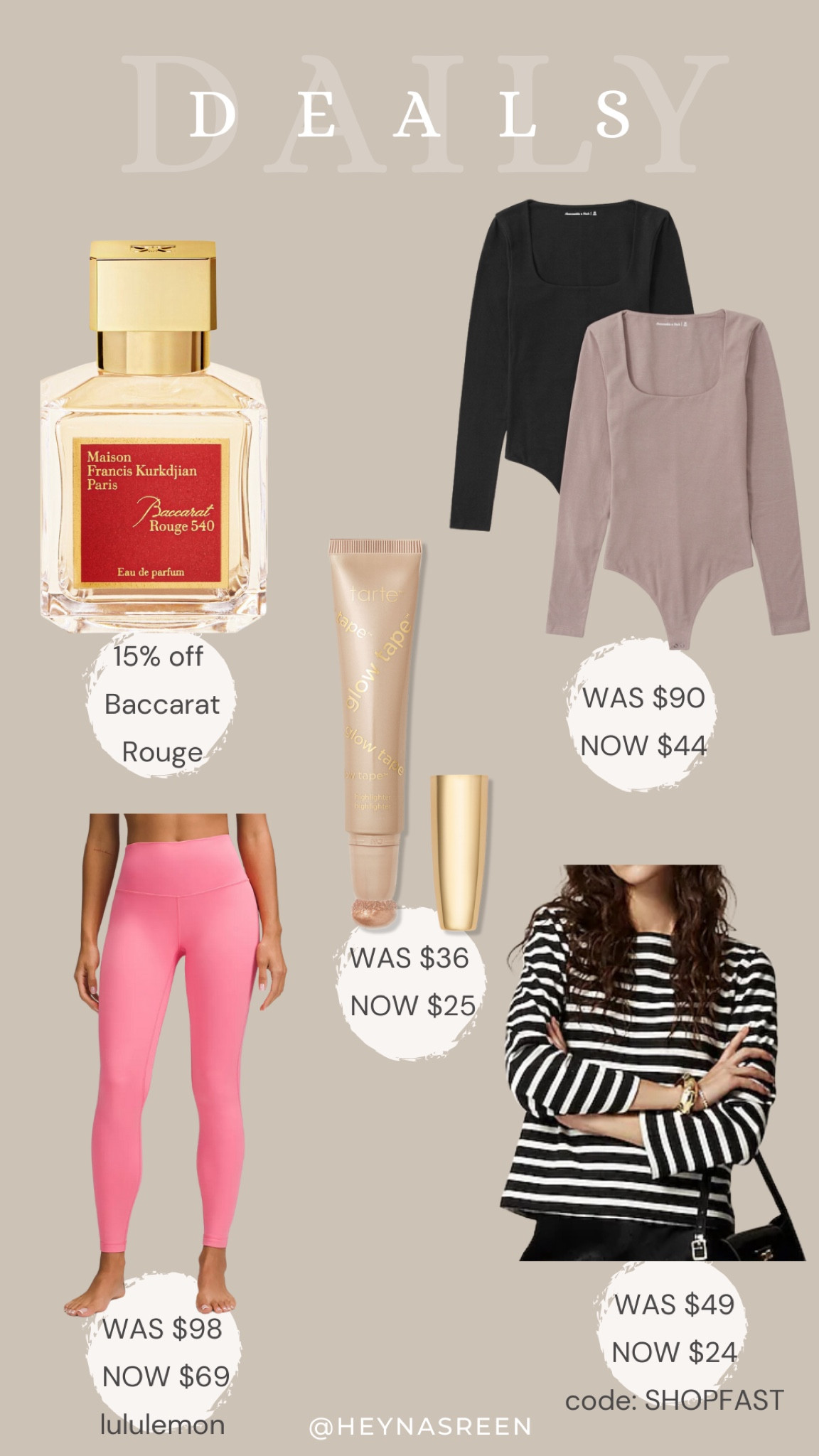 Daily deals on Baccarat Rouge perfume, Abercrombie bodysuits, Tarte glow tape (shade: pearl glow), lululemon align leggings, J.Crew stripped top 

#LTKSaleAlert