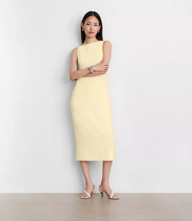 LOFT Versa Crepe Drape Square Neck Midi Dress | LOFT