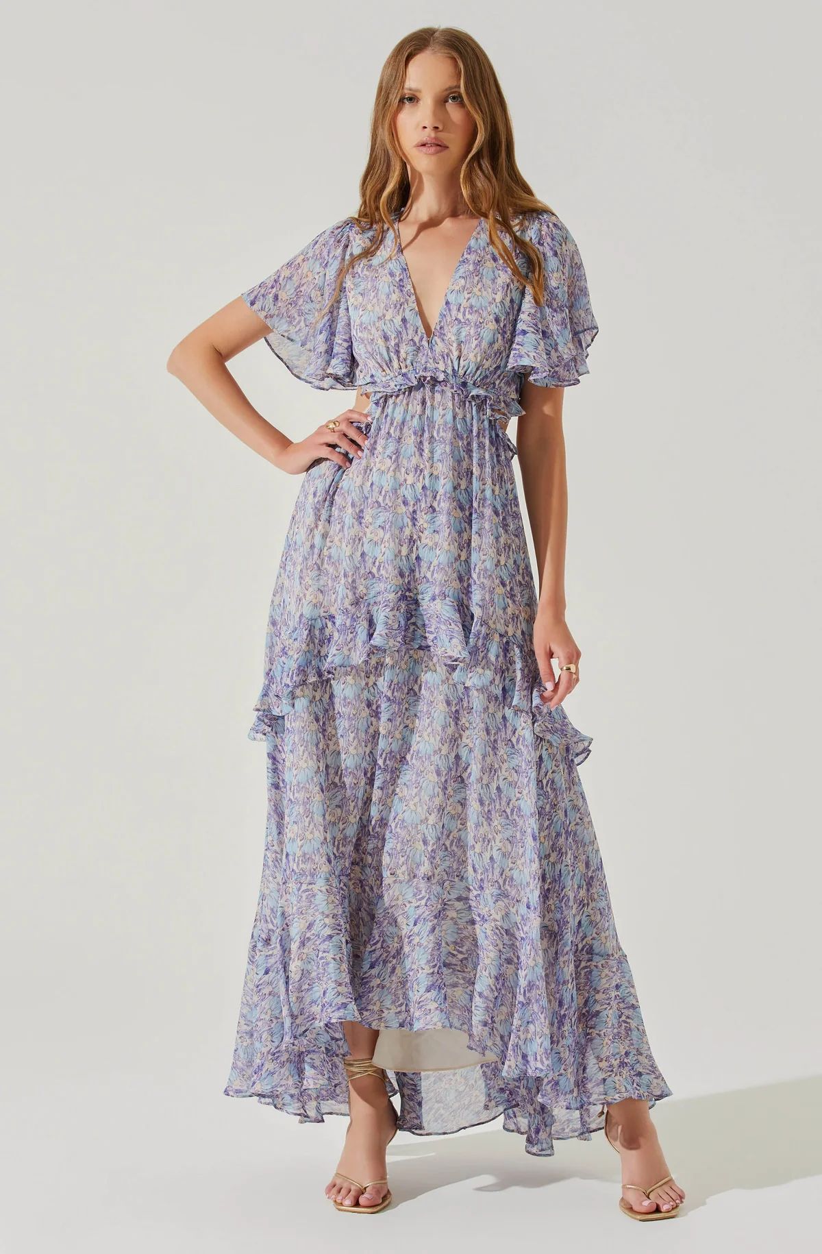 Cherli Floral Lace Up Tiered Ruffle Midi Dress | ASTR The Label (US)