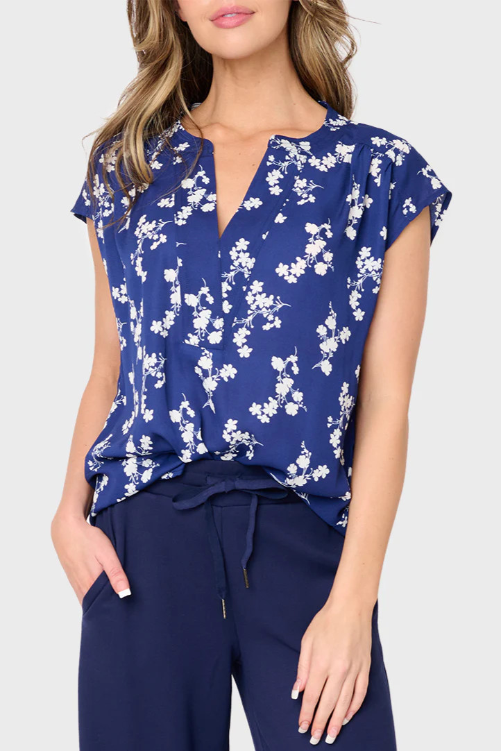 Cap Sleeve Stitched Notch V-Neck Blouse | Gibson