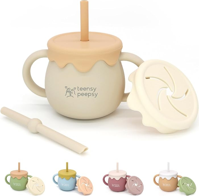 Honey Jar Pot 3-in-1 Silicone Training Cup 8.5oz, Unisex Baby Sippy Cup with Straw & Snack Lid fo... | Amazon (US)