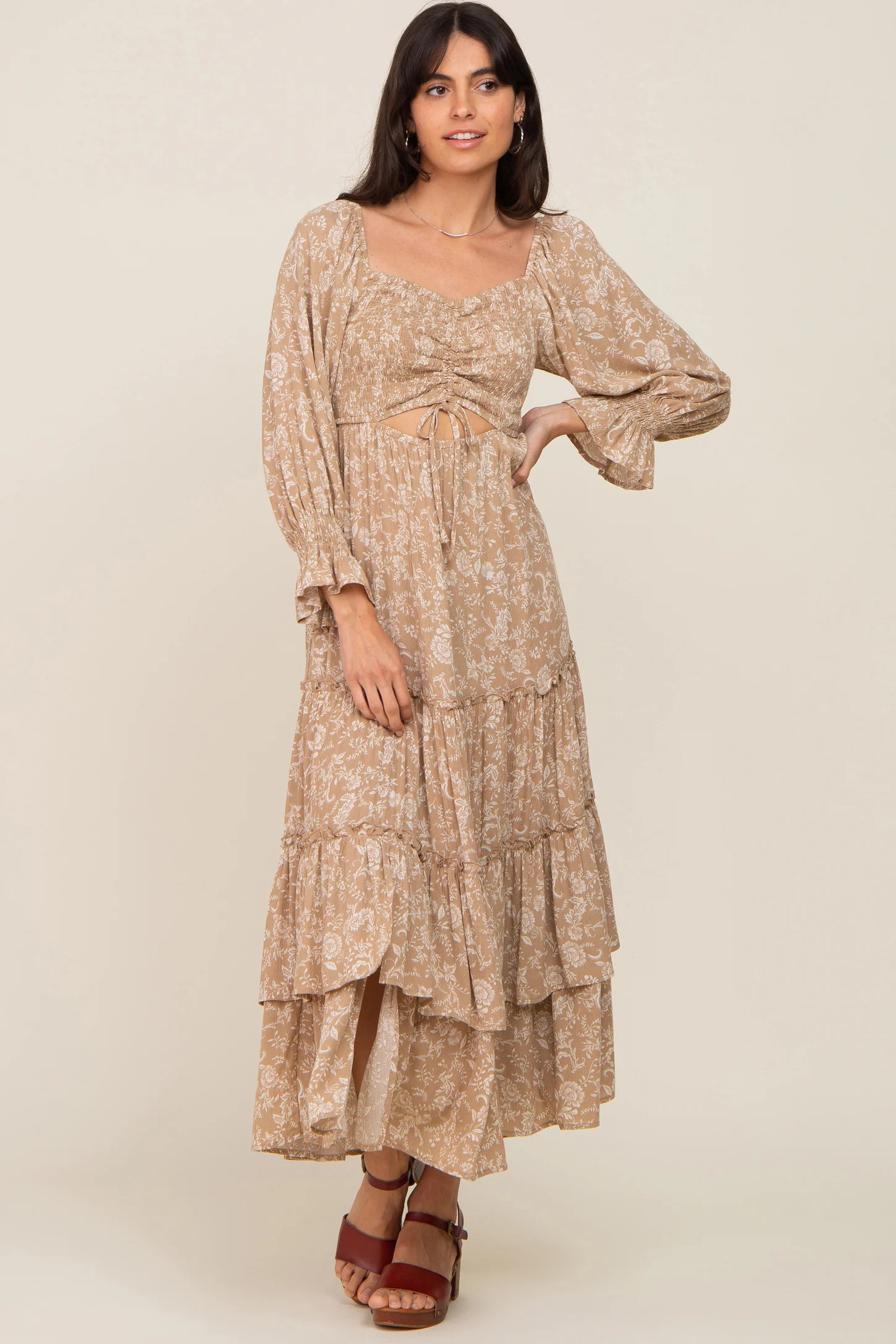 Beige Floral Cutout Smocked Tiered Maxi Dress | PinkBlush Maternity