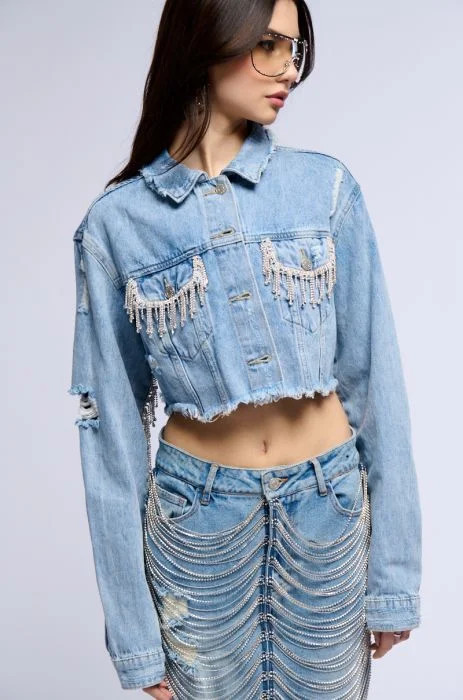 PURE HAPPINESS RHINESTONE CROPPED DENIM JACKET IN BLUE | AKIRA