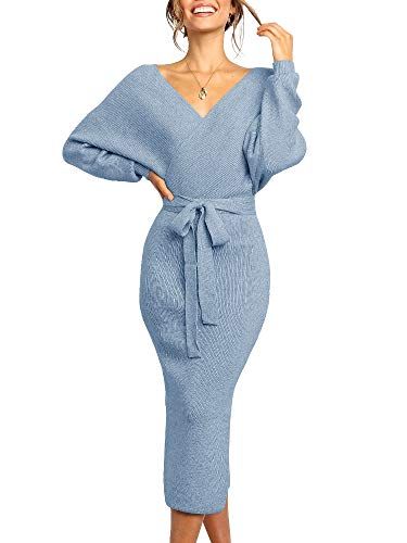 Chang Yun Women's Long Maxi Sweater Dresses Sexy Wrap Batwing V Neck Slit Open Back Holiday Bodycon  | Amazon (US)