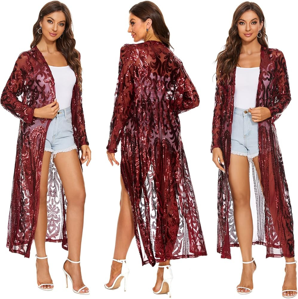 Women's Glitter Sequin Cardigan Long Sleeve Sparkle Duster Evening Party Cover Up Open Front Coat | Amazon (US)