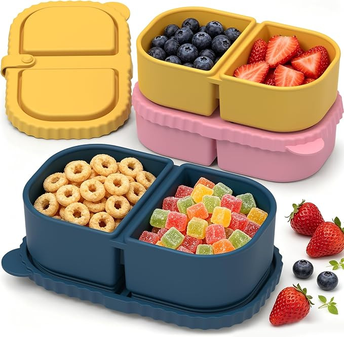 ICEROYCE 3 Pack Silicone Snack Containers for Kids, 2 Compartment Lunch Box | Amazon (US)