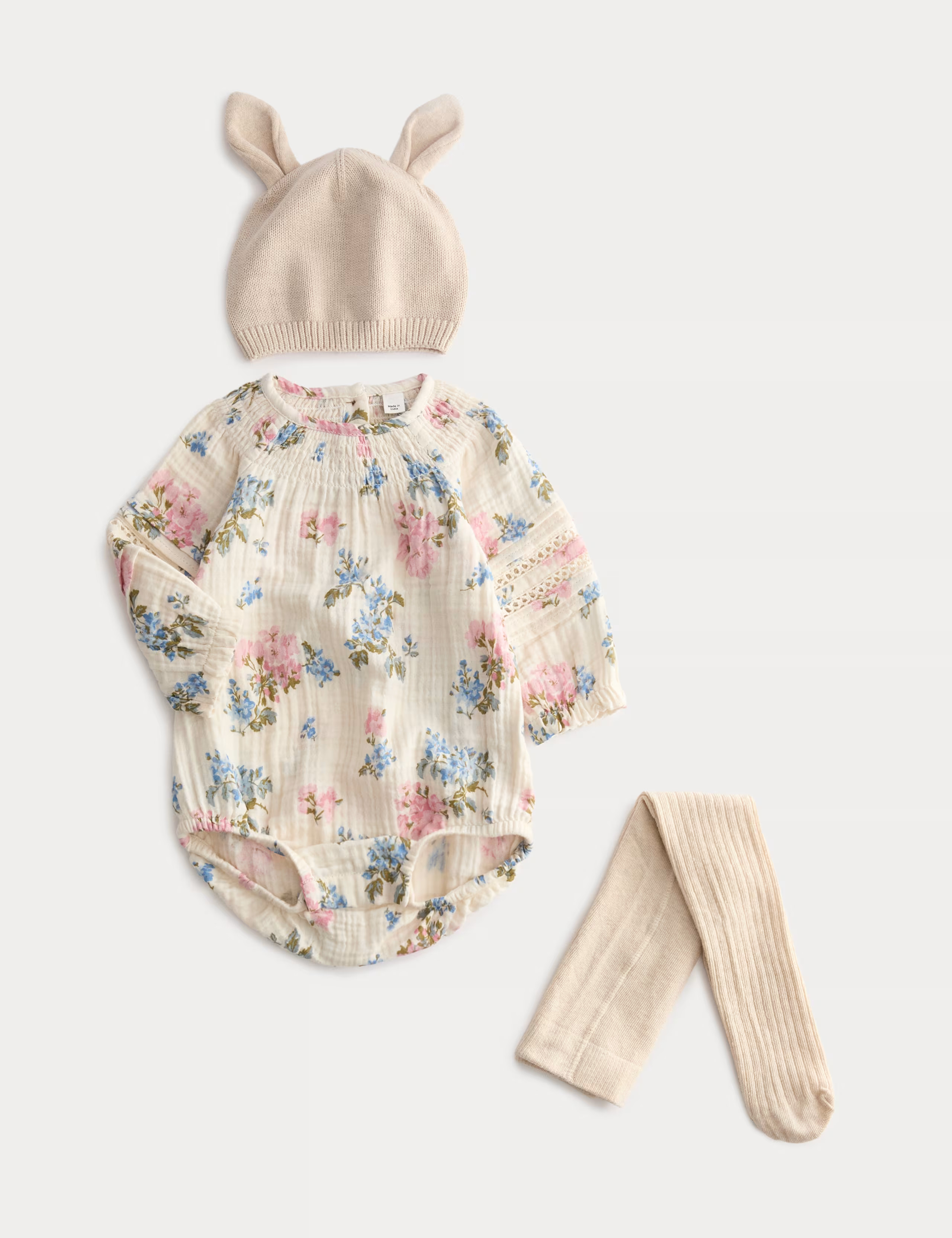 3pc Cotton Rich Floral Bodysuit with Hat and Tights (7lbs - 1Yrs) | Marks & Spencer (UK)