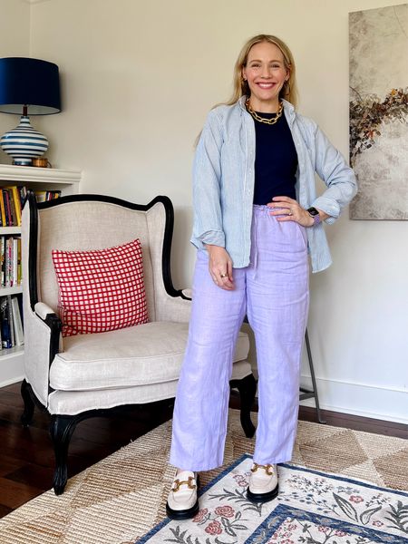 Today on the blog I’m spilling the tea on a little known styling secret for your spring and summer outfits - all the details on CLAIRELATELY.com 

And these under-$100 JCrew linen pants are GOOD!!! True to size, I’m wearing a small petite (I’m 5’3” for reference) 

JCrew lavender linen pants, jacket, loafers, sandals, tank top, stripe button down, hoop earrings 

#LTKworkwear #LTKSeasonal #LTKstyletip