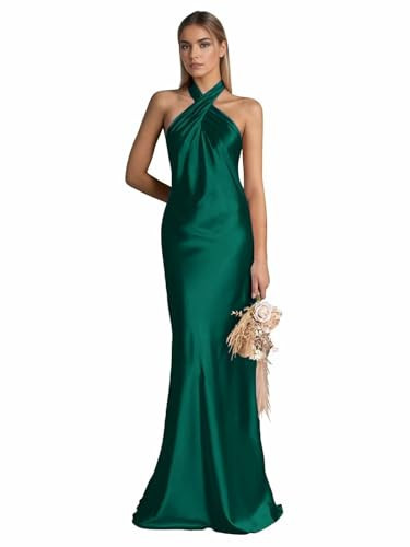 Lindo Noiva Emerald Green Satin Bridesmaid Dresses for Women Halter Neck Formal Wedding Guest Dress Evening Party Gown Long Size 4 | Amazon (US)
