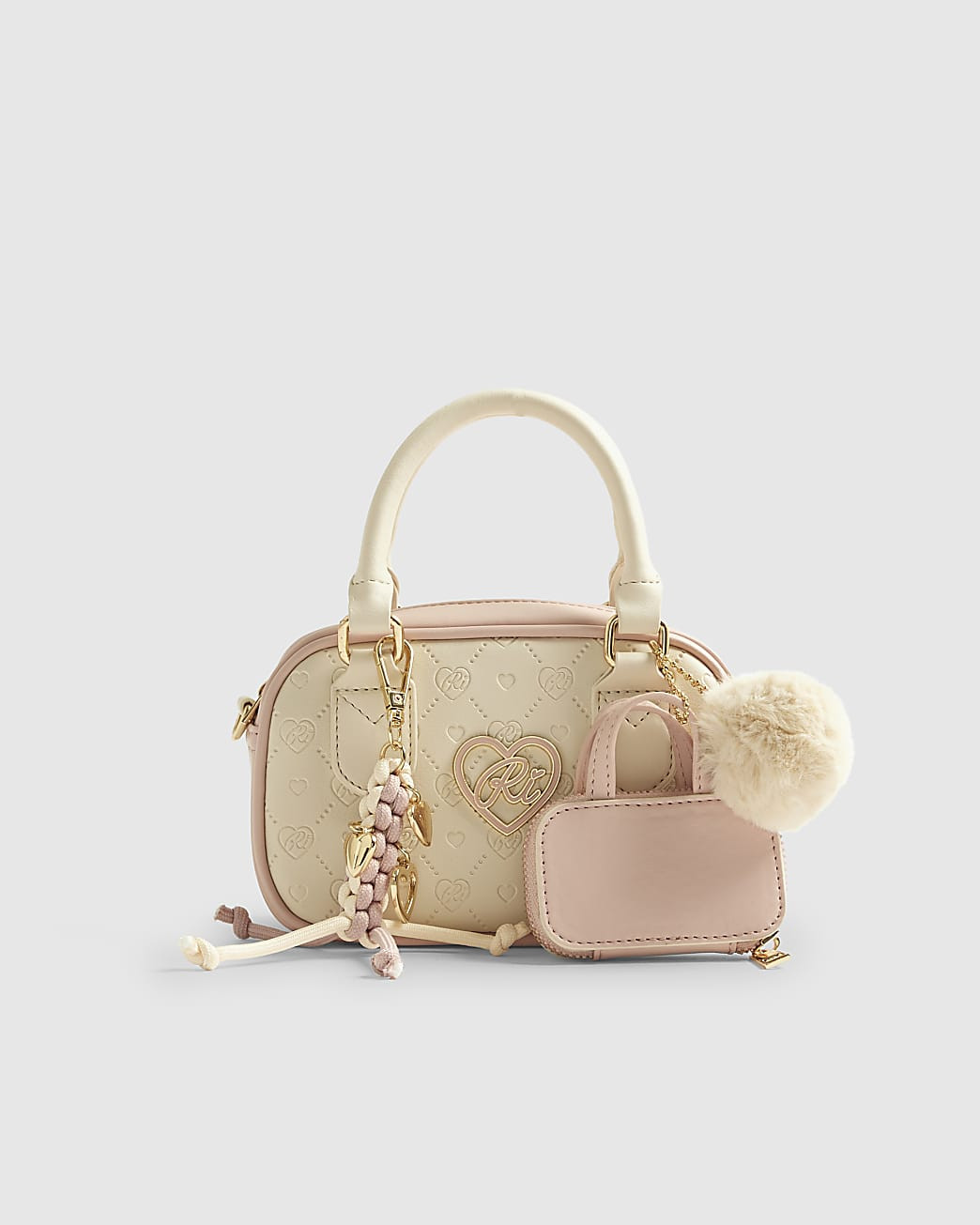Girls Cream Monogram Charm Mini Bowler Bag | River Island UK & IE
