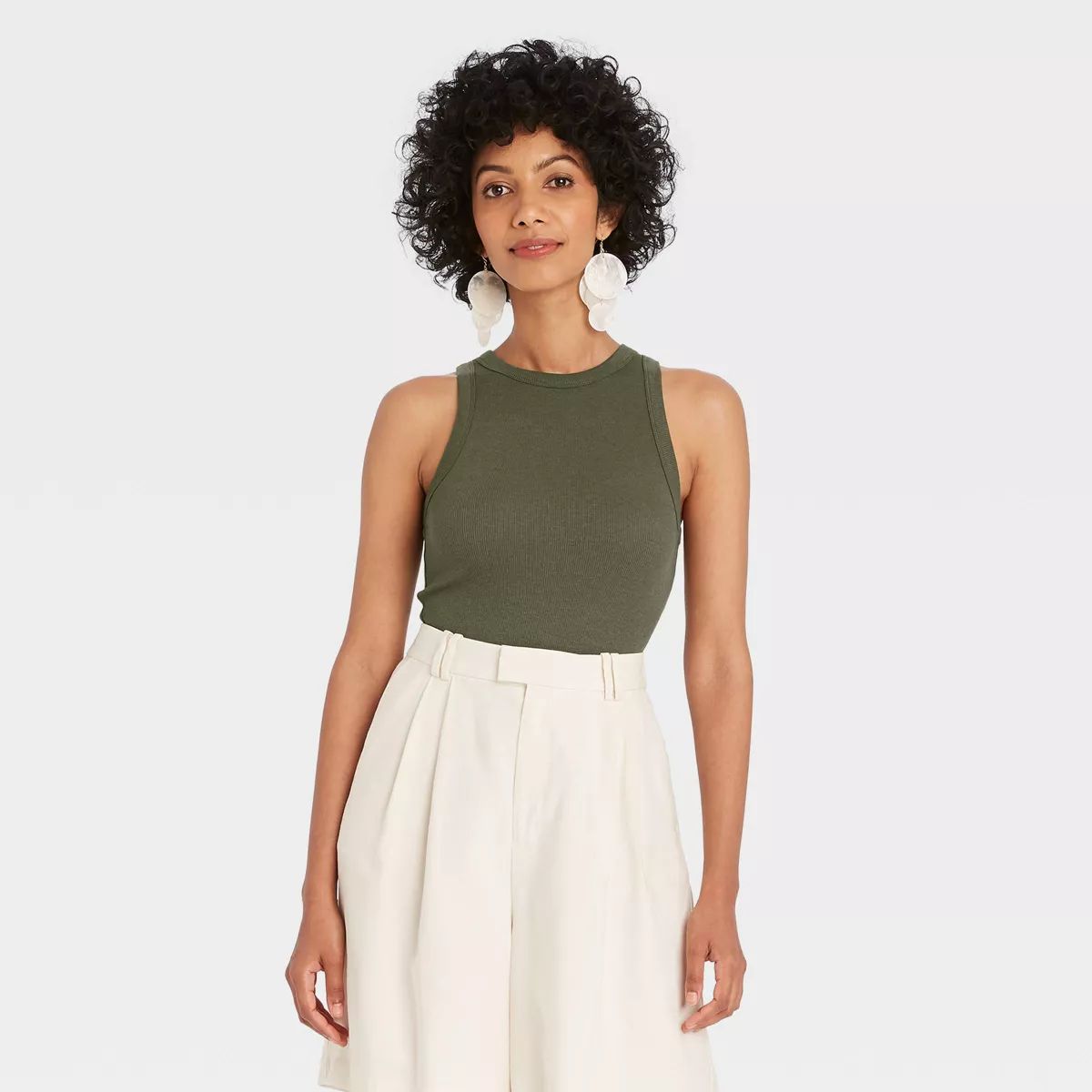 Women's Slim Fit Ribbed High Neck Tank Top - A New Day™ Olive XS | Target