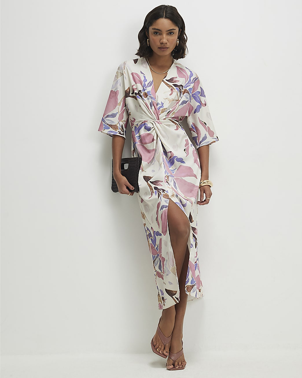Pink Satin Floral Twist Front Midi Dress | River Island UK & IE