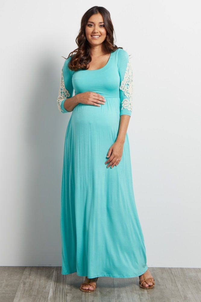 Mint Crochet Sleeve Maternity Maxi Dress | PinkBlush Maternity