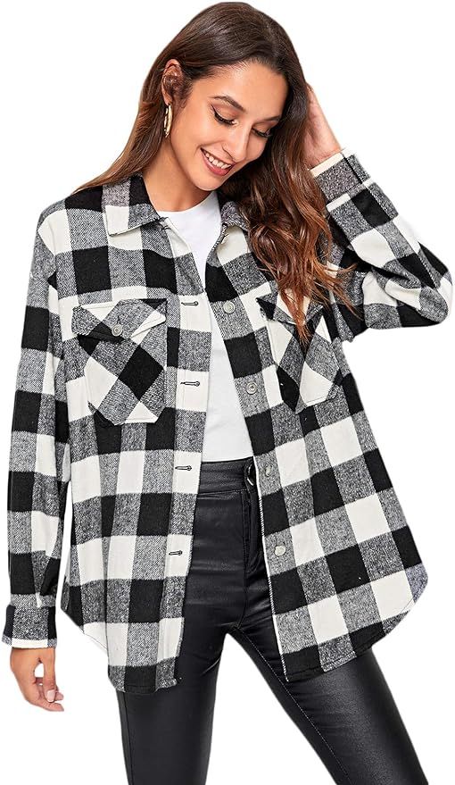 MakeMeChic Women's Plaid Shacket Jacket Coat Flannel Button Down Shirt | Amazon (US)