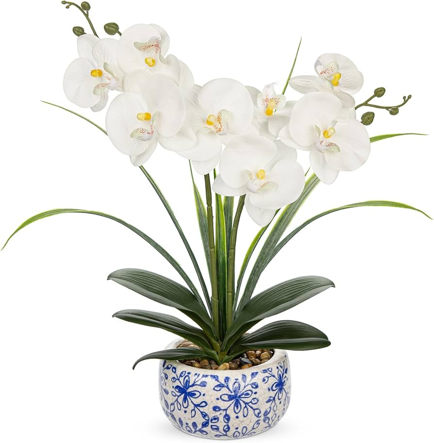 Oairse White Orchids Artificial Flowers in Pot 17.7" Faux Orchids Plant in Blue and White Pot Rea... | Amazon (US)