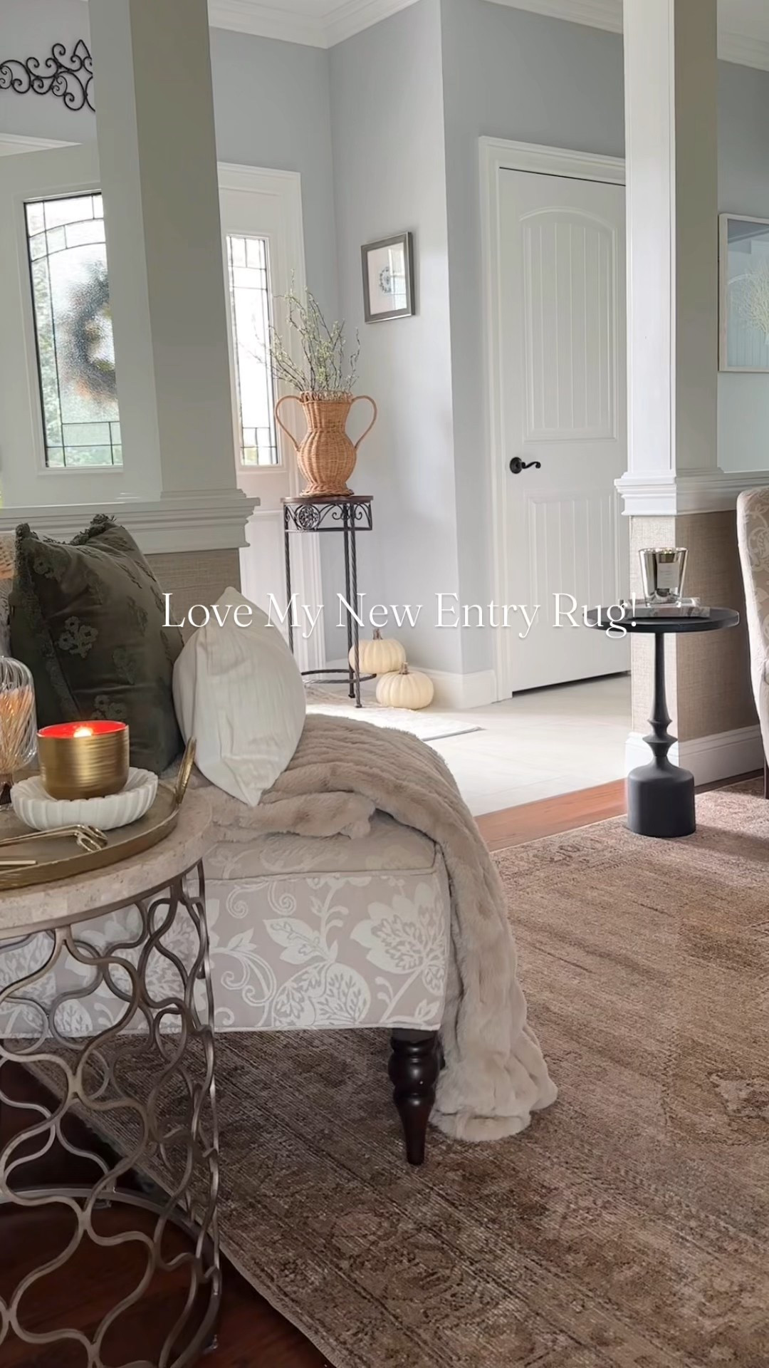 Love my new entryway rug on sale! Beautiful antique tones with a vintage style motif, perfect for fall through winter! Fall entry styling. Shop glass pumpkins on sale, cozy fur blanket, throw pillows, woven vase, florals and more fall decor accessories. 

#LTKFindsUnder50 #LTKHome #LTKSaleAlert