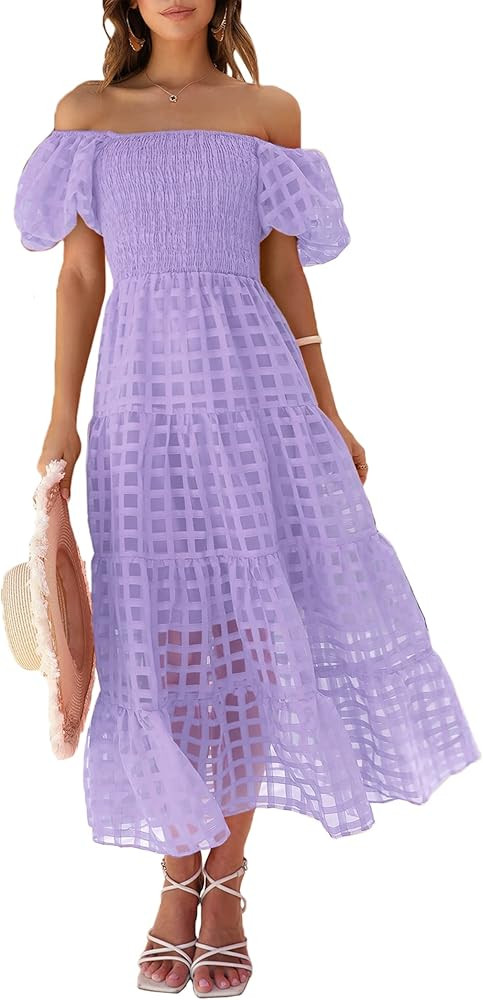 PRETTYGARDEN Women's Casual Summer Midi Dress Puffy Short Sleeve Square Neck Smocked Tiered Ruffl... | Amazon (US)