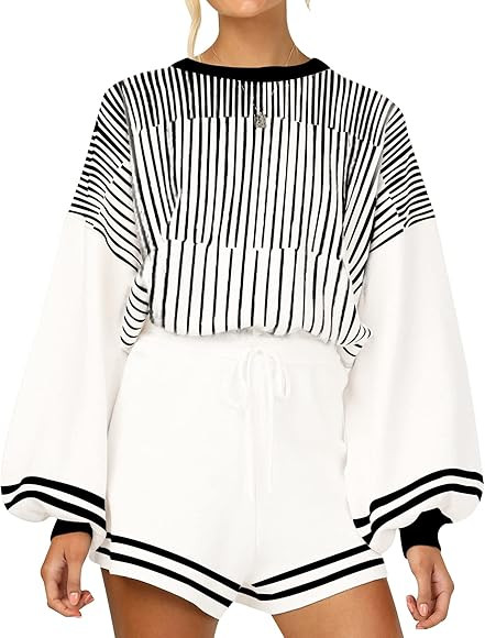 Gihuo Women' s Striped 2 Piece Outfits Crewneck Knit Pullover Sweater Shorts Set | Amazon (US)