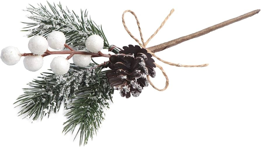 12 Pieces Artificial Pine Picks Christmas Tree Picks with White Berries Pinecones Bowknot Artificial Pine Branches Stems Frosted Holly Spray for Winter Decoration Xmas Party DIY Crafts (12, White) | Amazon (US)
