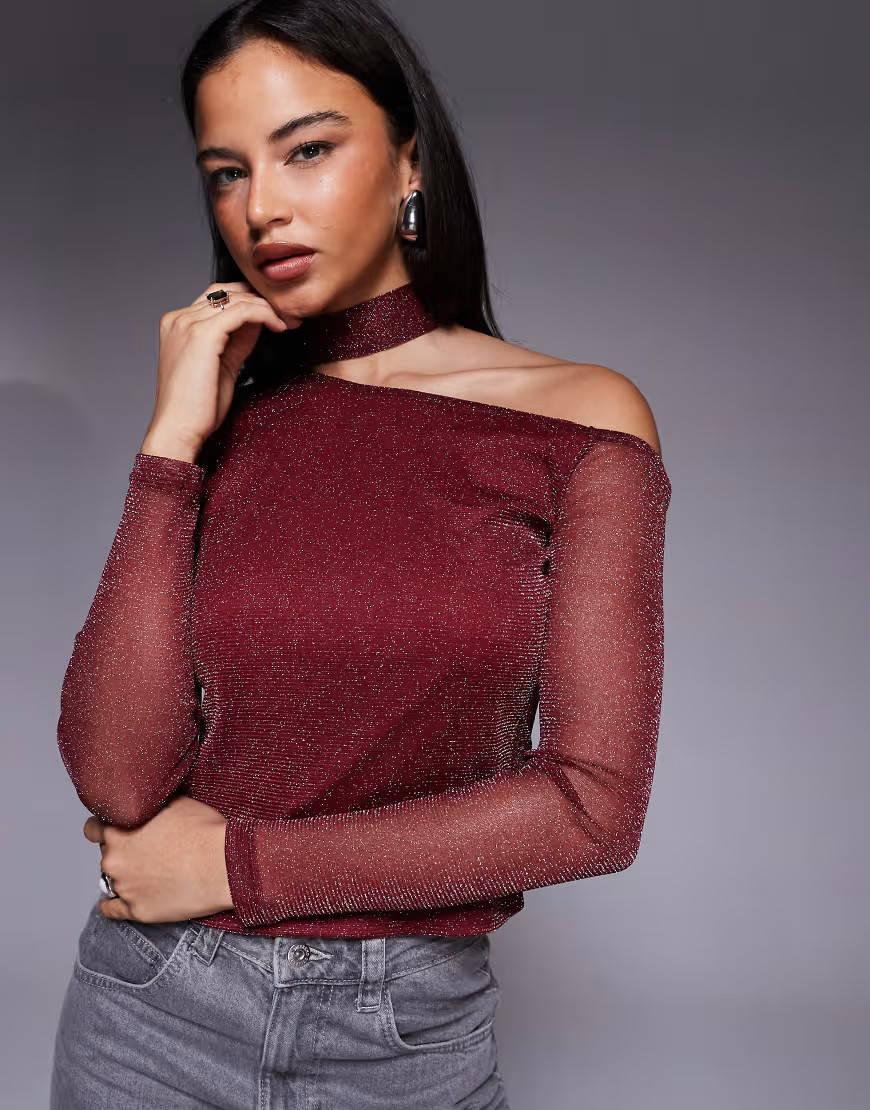 ASOS DESIGN glitter mesh scarf one shoulder top in burgundy-Red | ASOS (Global)
