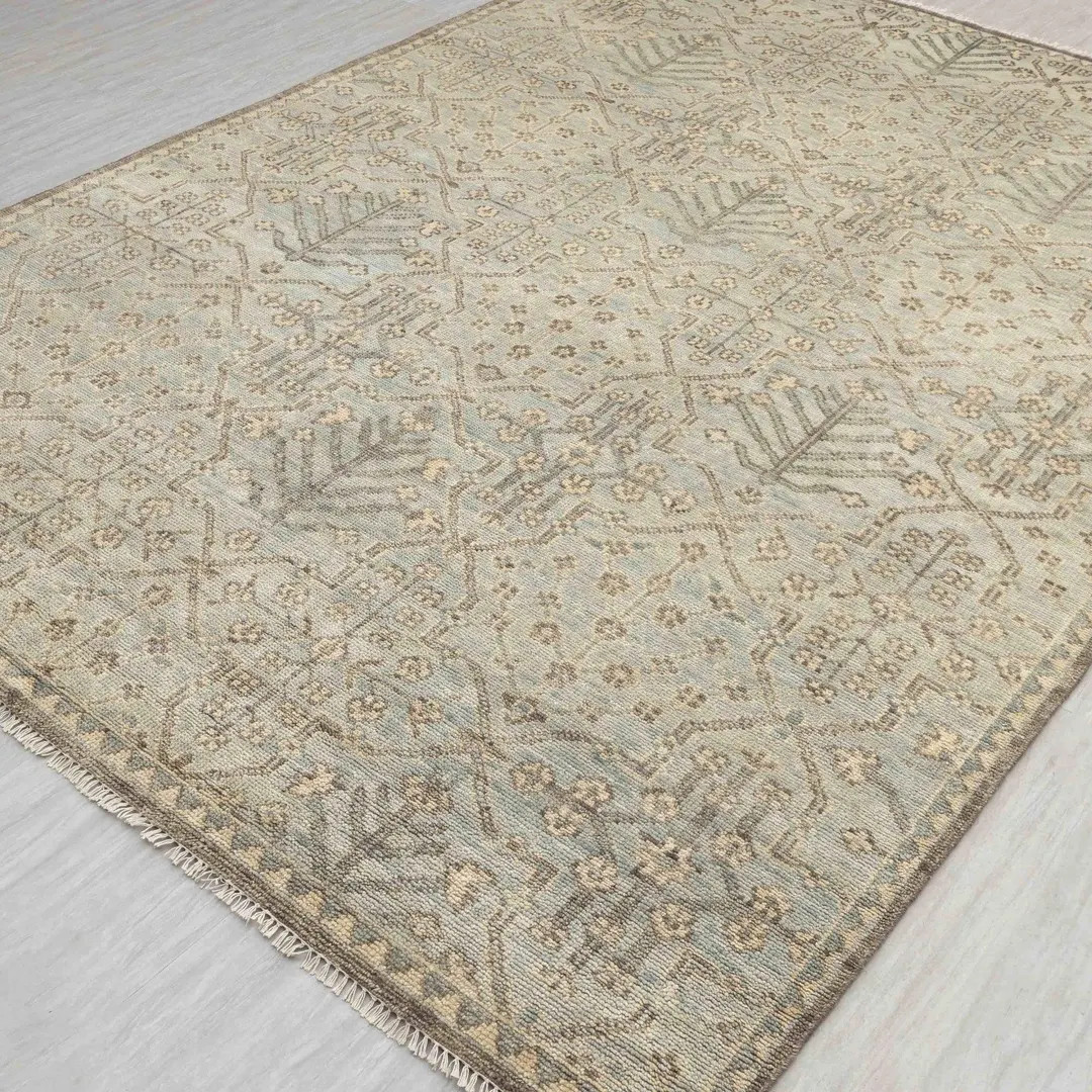 Alive Green Oushak Rug – Hand Knotted Wool Turkish Carpet With Beige & Brown Floral Design – ... | Etsy (US)