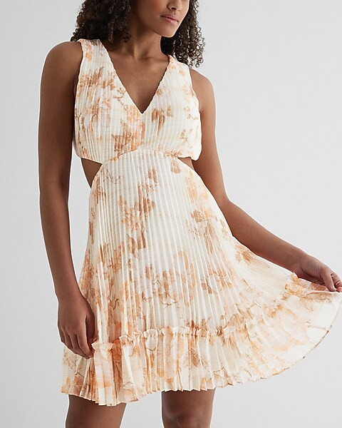 Floral V-Neck Cutout Pleated Mini Dress | Express