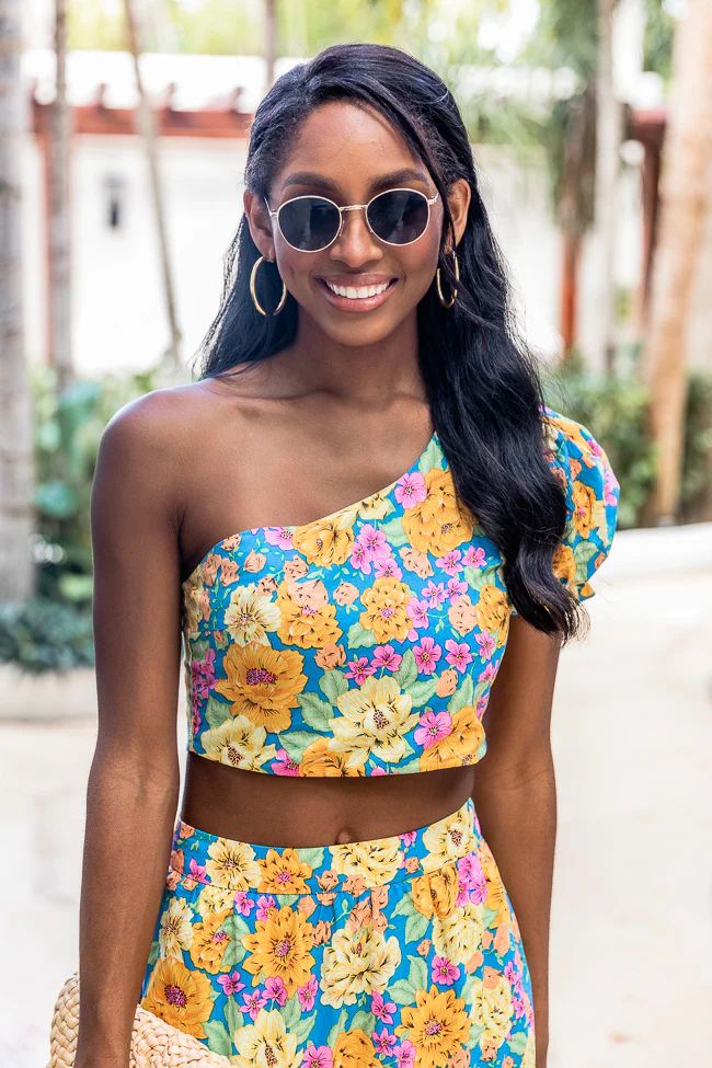 Summertime Blooms Blue Floral Cropped One Shoulder Blouse | Pink Lily