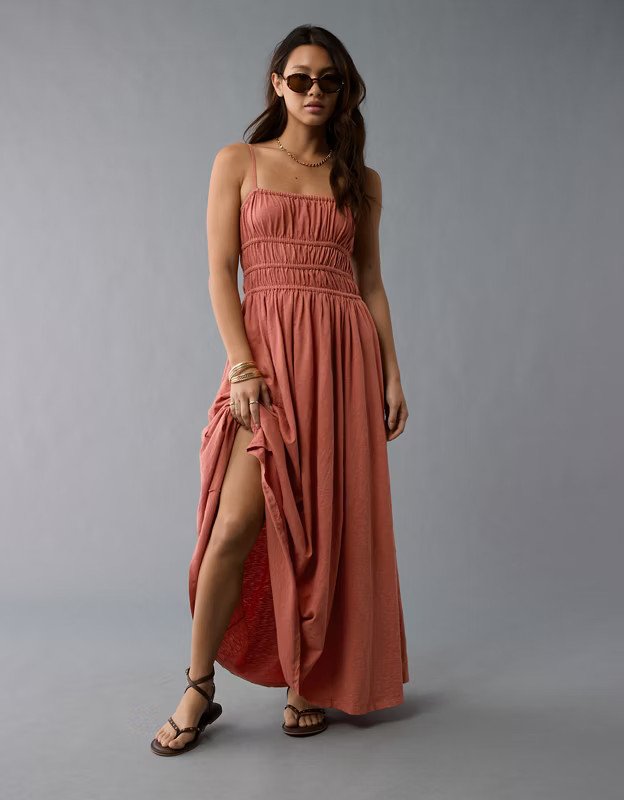 AE Sunchaser Knit Smocked Bodice Midi Dress | American Eagle Outfitters (US & CA)