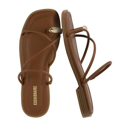 CUSHIONAIRE Venue Women’s Strappy Toe-Loop Slide Sandals with Gold-Tone Accent & Memory Foam Comfort, Cognac 10 | Target