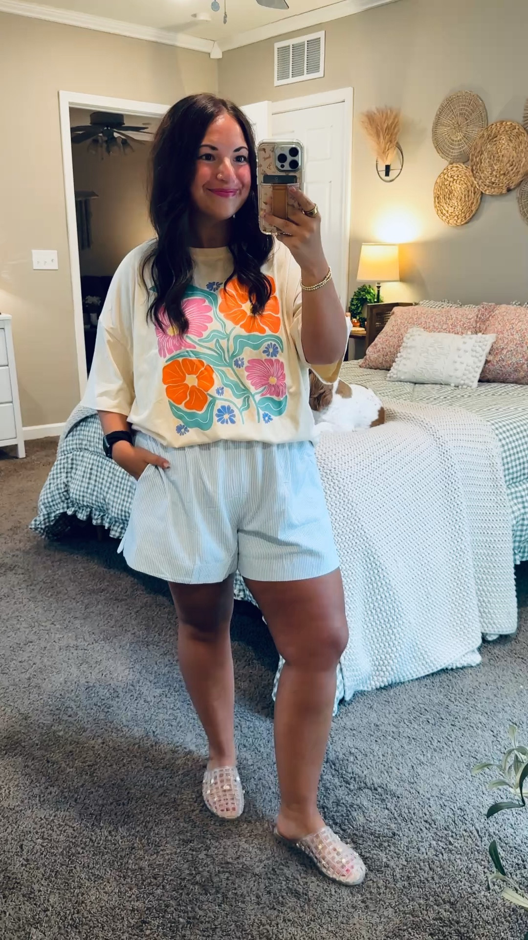 Trending for a reason 🤍 Graphic tees and striped shorts are the ultimate casual summer combo—laid-back, cute, and perfect for all your warm-weather plans ☀️

jelly flats: fit true to size // wearing a 5
shorts: fit true to size // wearing a large
tee: fits oversized // wearing a large 

 #LTKootd #LTKMidsize
