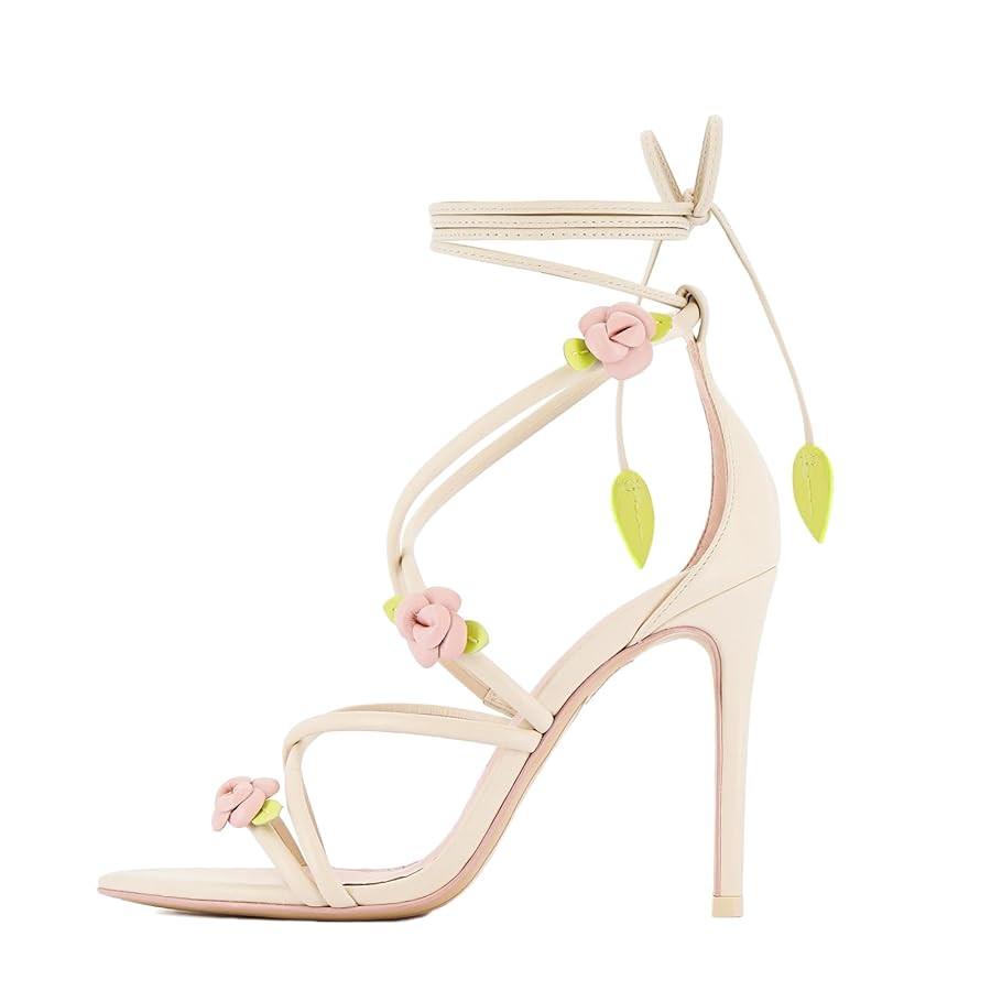sexytag Floral Ankle Strappy Lace Up Stiletto Heeled Sandals Open Toe Rose Flower Party Wedding D... | Amazon (US)