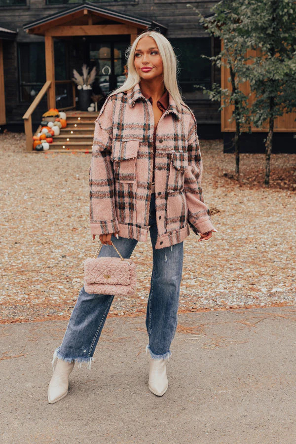 Cinnamon Brown Plaid Jacket in Blush | Impressions Online Boutique